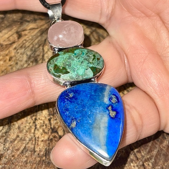 Crystal Pairing of Rose Quartz, Lapis Lazuli & Chrysocolla Pendant 2 7/8” - Picture 11 of 17